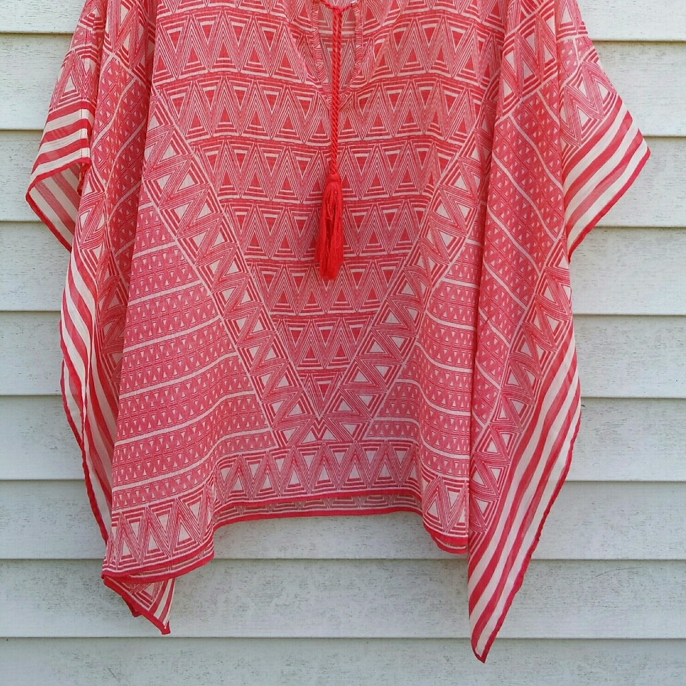 Chico's Coral Print Tassel Tie Kaftan Tunic Top - Picture 4 of 11